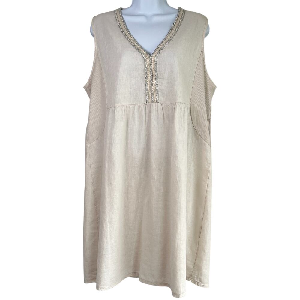 Terzo‎ Millennio Womens Italian Linen Cotton Shift Dress Silver Braid Size Large